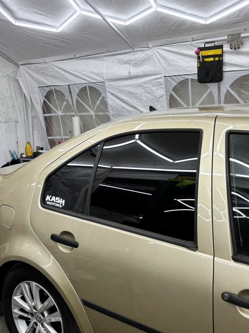 Gold VW Jetta, rear windows, under the hex lights